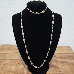 Gold Filigree Long Necklace and Bracelet Set - Women Jewelry